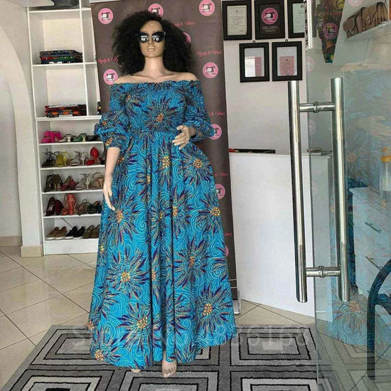 African National Print Party Dress Women Casual Sexy Slash-neck Lady Maxi Dress New Vintage Long-sleeved Loose Elegant Dresses