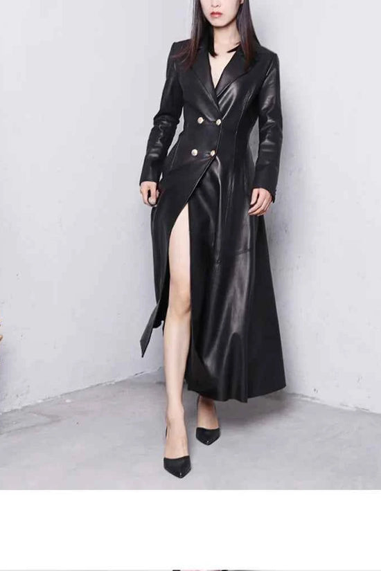 Lautaro Autumn Long Skirted Red Black Faux Leather Trench Coat for Women Double Breasted Elegant Luxury Fashion 4xl 5xl 6xl 7xl