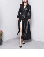 Lautaro Autumn Long Skirted Red Black Faux Leather Trench Coat for Women Double Breasted Elegant Luxury Fashion 4xl 5xl 6xl 7xl