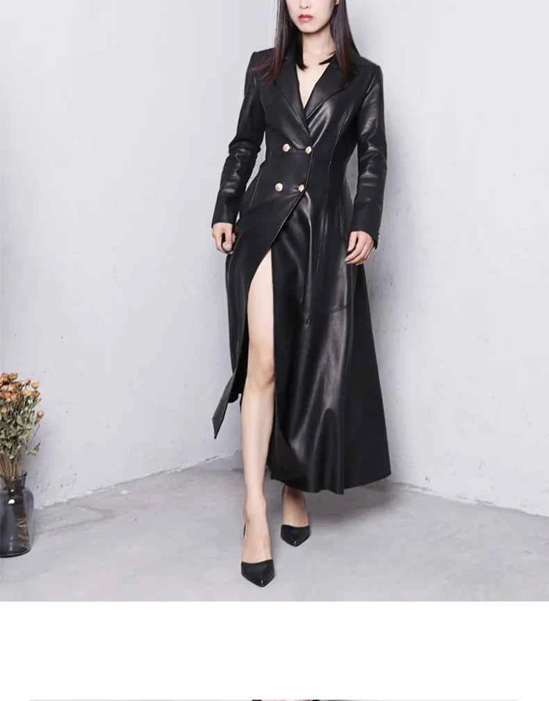 Lautaro Autumn Long Skirted Red Black Faux Leather Trench Coat for Women Double Breasted Elegant Luxury Fashion 4xl 5xl 6xl 7xl