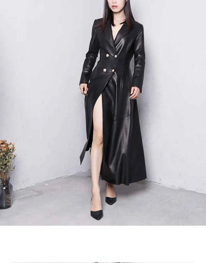 Lautaro Autumn Long Skirted Red Black Faux Leather Trench Coat for Women Double Breasted Elegant Luxury Fashion 4xl 5xl 6xl 7xl