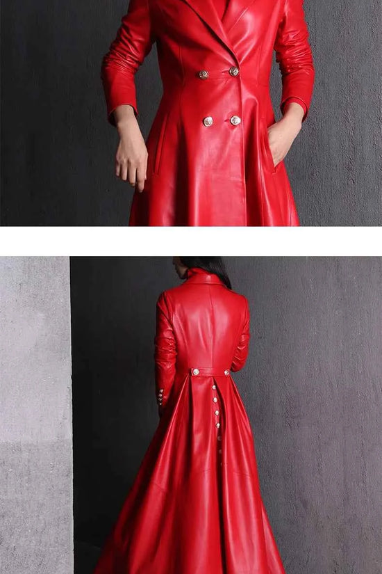 Lautaro Autumn Long Skirted Red Black Faux Leather Trench Coat for Women Double Breasted Elegant Luxury Fashion 4xl 5xl 6xl 7xl