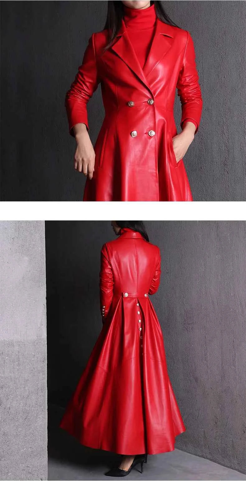 Lautaro Autumn Long Skirted Red Black Faux Leather Trench Coat for Women Double Breasted Elegant Luxury Fashion 4xl 5xl 6xl 7xl