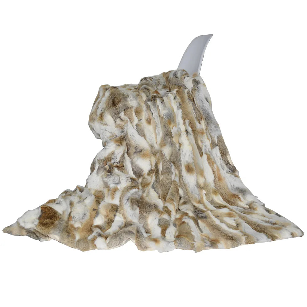 MS.Softex Handmade Rabbit Fur Patchwork Throw Blanket with Suede Back
