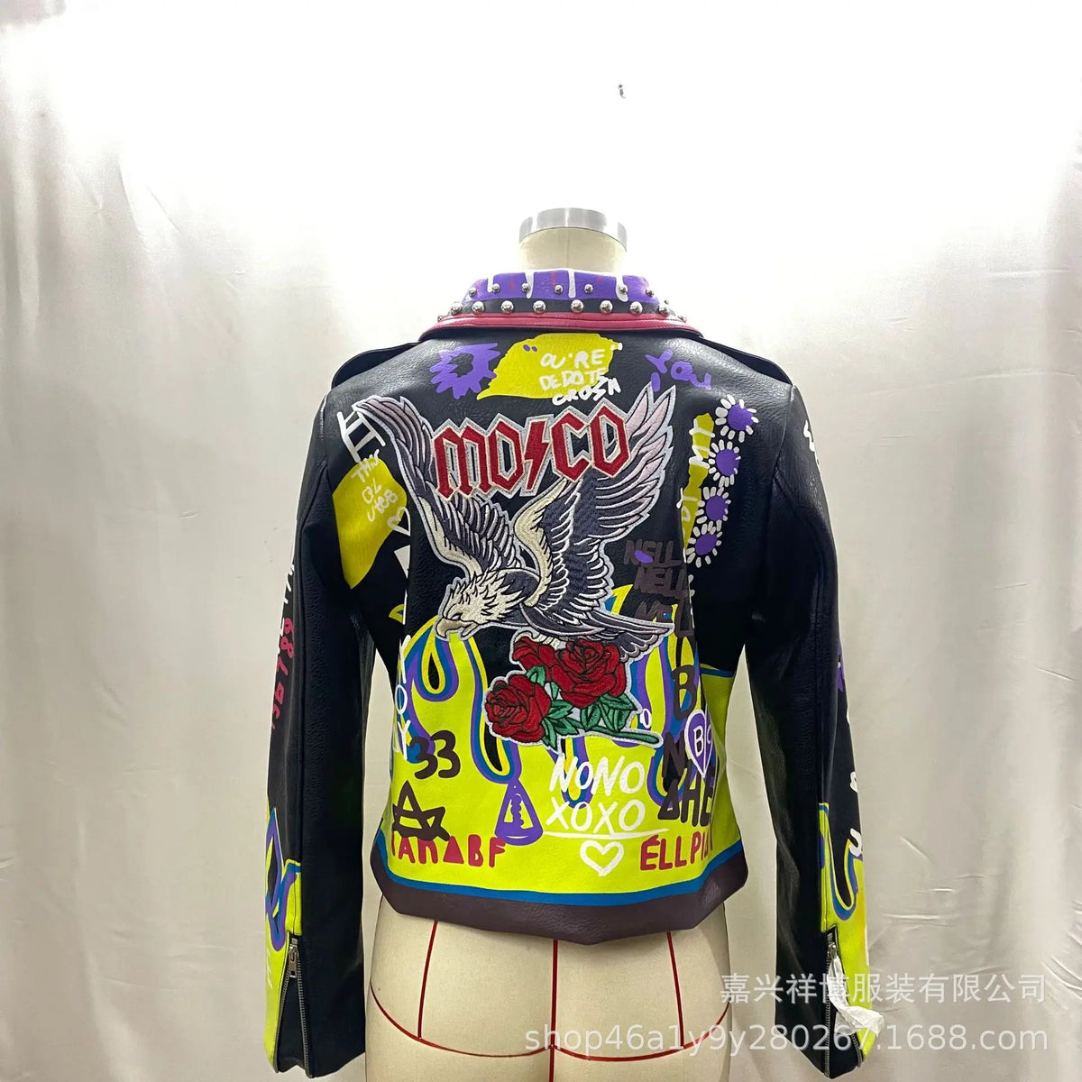 4XL fashion graffiti beading Women pu Leather Jacket Punk Style Motorcyle embrodiery leather Jackets Coats Streetwear F803 SS69