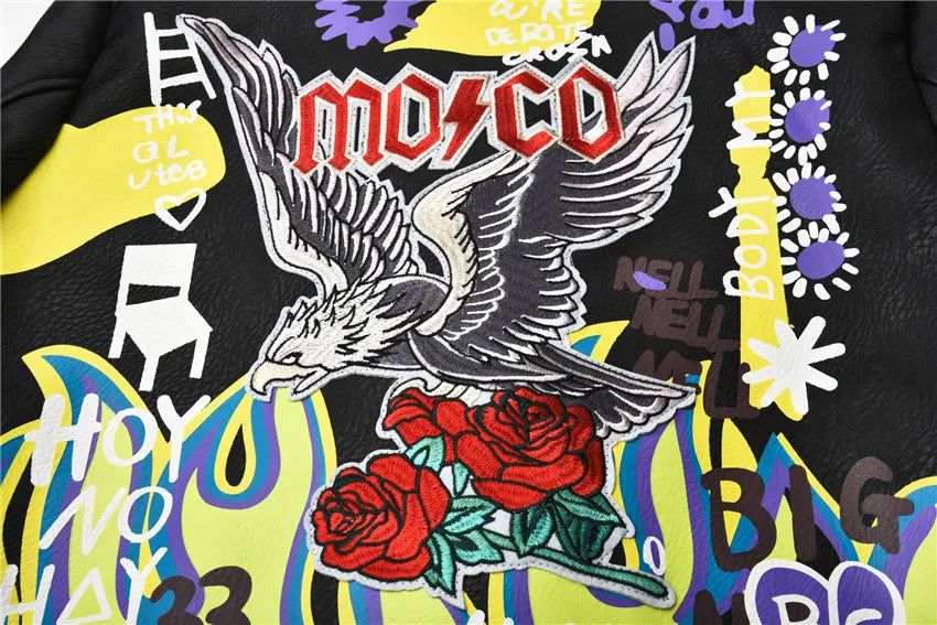 4XL fashion graffiti beading Women pu Leather Jacket Punk Style Motorcyle embrodiery leather Jackets Coats Streetwear F803 SS69