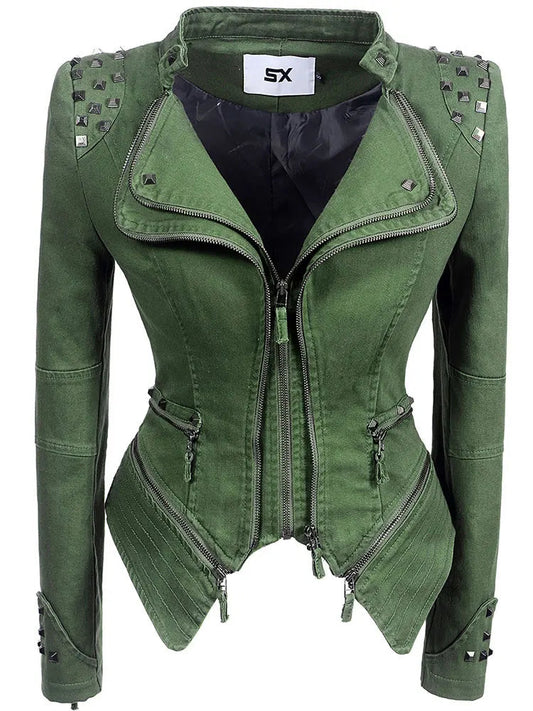 SX women 2019 spring autumn denim rivet punk Short Slim fit jacket motorcycle Windbreaker zipper outerwear SS69 72.69 Green / XS / CHINA