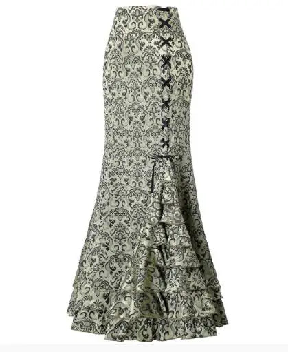 1pcs/lot Women Skirt vintage  Style Retro Mermaid Skirt Vintage Long Ruffle Slim Fishtail Skirt lace-up long print skirt - SS69