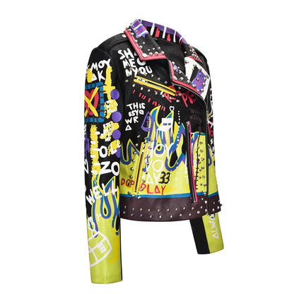 4XL fashion graffiti beading Women pu Leather Jacket Punk Style Motorcyle embrodiery leather Jackets Coats Streetwear F803 SS69