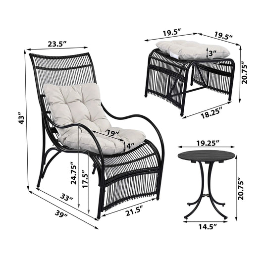 3 Pieces Wicker Outdoor Patio Furniture Set with Lounge Chair for Garden Deck and Porch