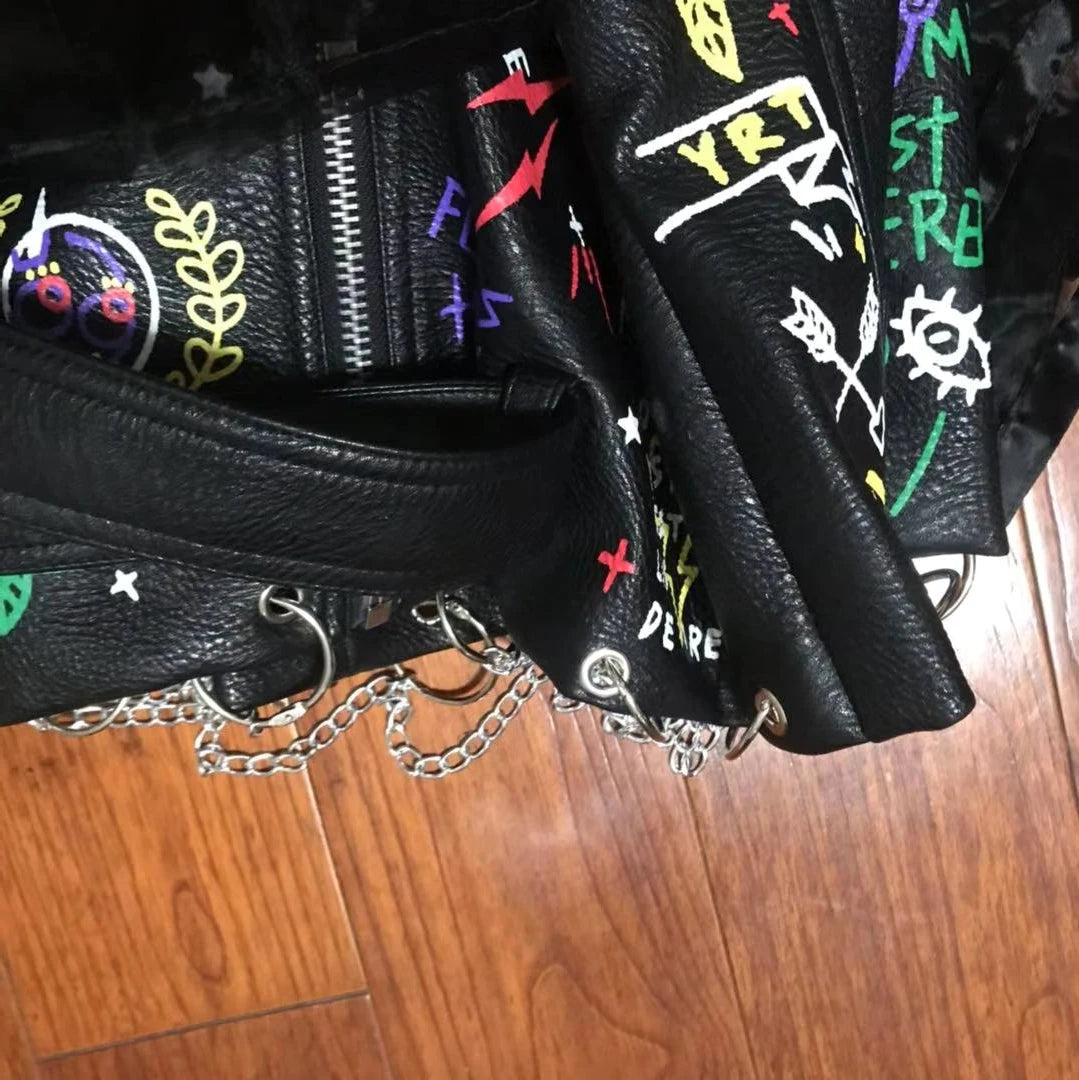 Fashion chain beading leather jacket Locomotive graffiti cartoon pu Leather Jacket female Punk Motorcyle Jacket with belt F2161 SS69