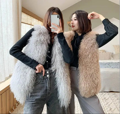 New Real Sheep Fur Vest 100% Natural Mongolia Fur Gilet Pure Long Fur Genuine Fur Oversize Vest ksr801