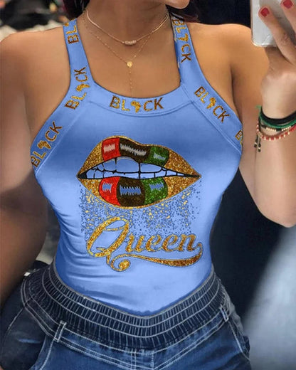 Summer Ladies Harajuku Shirts Slim Fit Polyester Sleeveless Top Tshirts Tank Tops Women U Neck Letter Print Lips Vest SS69