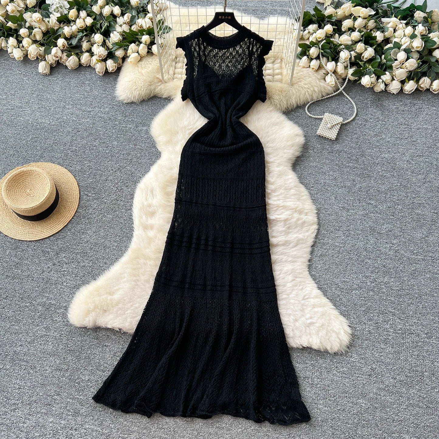 Summer Korean Tunic Knit Midi Dress For Women Empire Contrast Color Hollow Out Lace Dress SS69