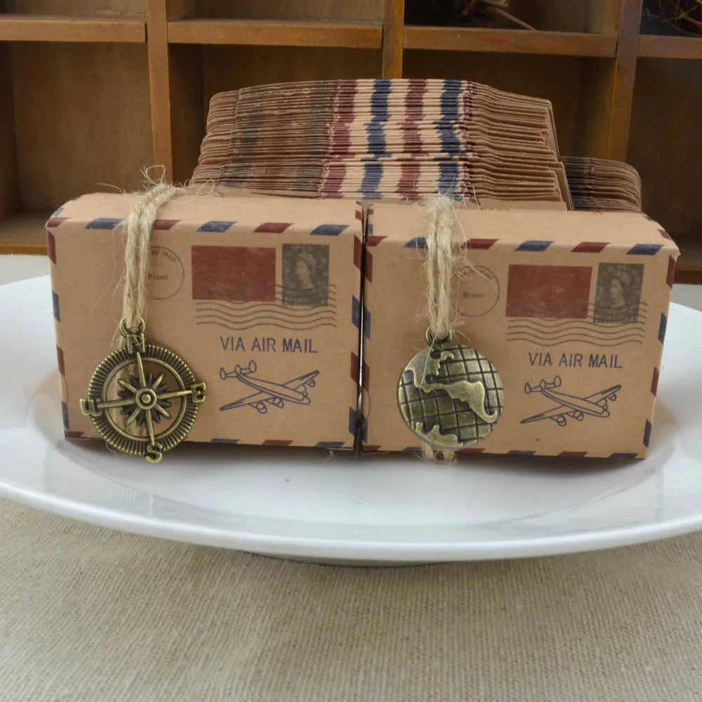 SS69 Kraft Paper Candy Boxes, Travel Theme Airplane Design, 50 Pack