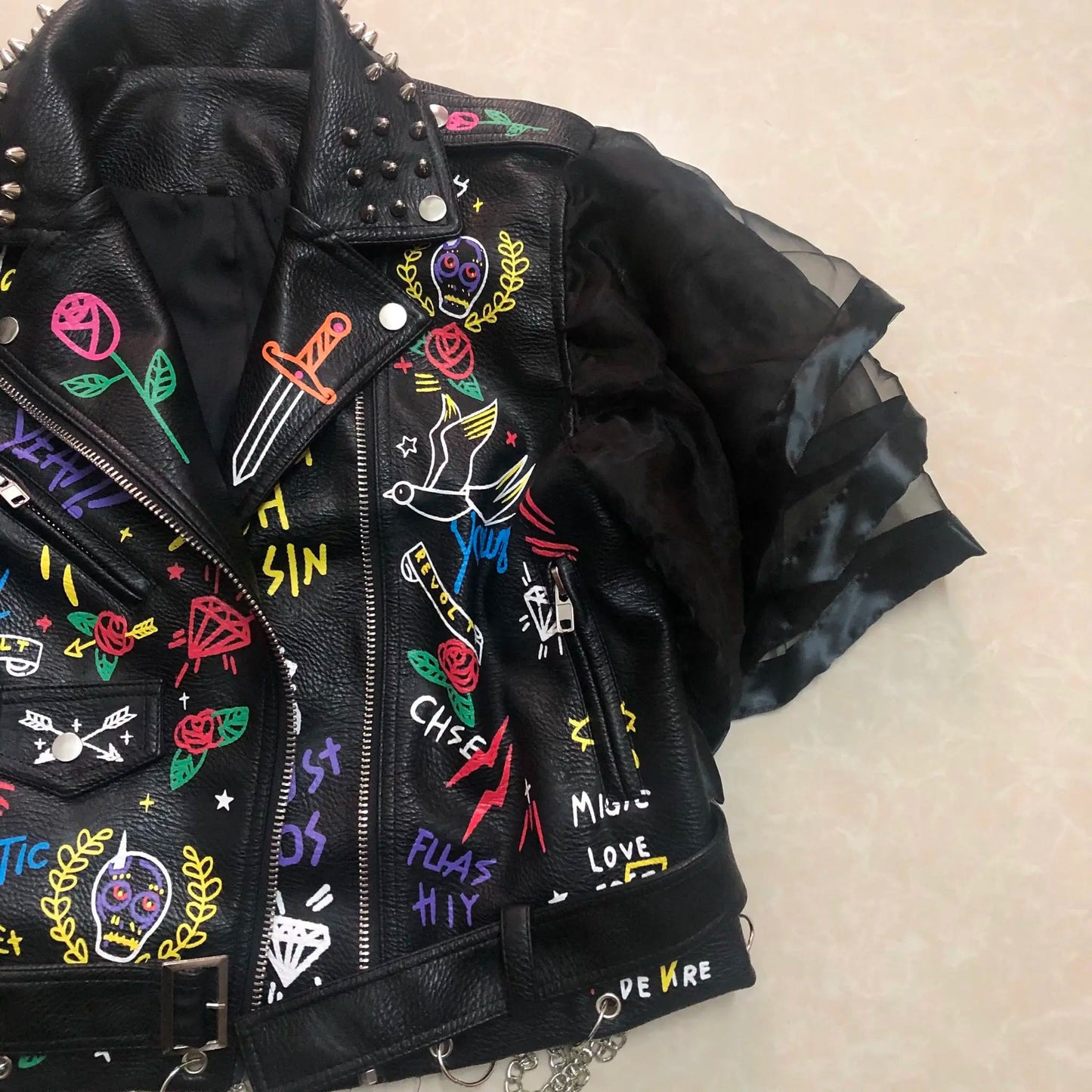 Fashion chain beading leather jacket Locomotive graffiti cartoon pu Leather Jacket female Punk Motorcyle Jacket with belt F2161 SS69