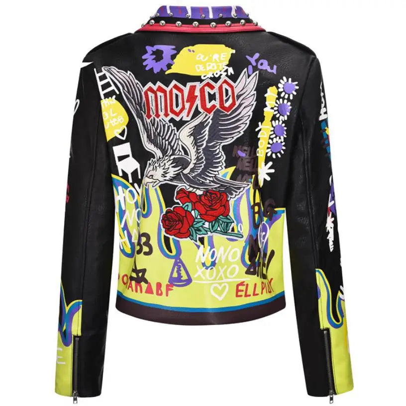4XL fashion graffiti beading Women pu Leather Jacket Punk Style Motorcyle embrodiery leather Jackets Coats Streetwear F803 SS69 100.69 black bird / L