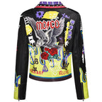 4XL fashion graffiti beading Women pu Leather Jacket Punk Style Motorcyle embrodiery leather Jackets Coats Streetwear F803 SS69 100.69 black bird / L