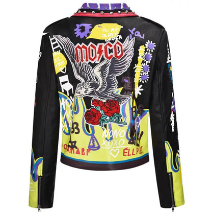 4XL fashion graffiti beading Women pu Leather Jacket Punk Style Motorcyle embrodiery leather Jackets Coats Streetwear F803 SS69 100.69 black bird / L