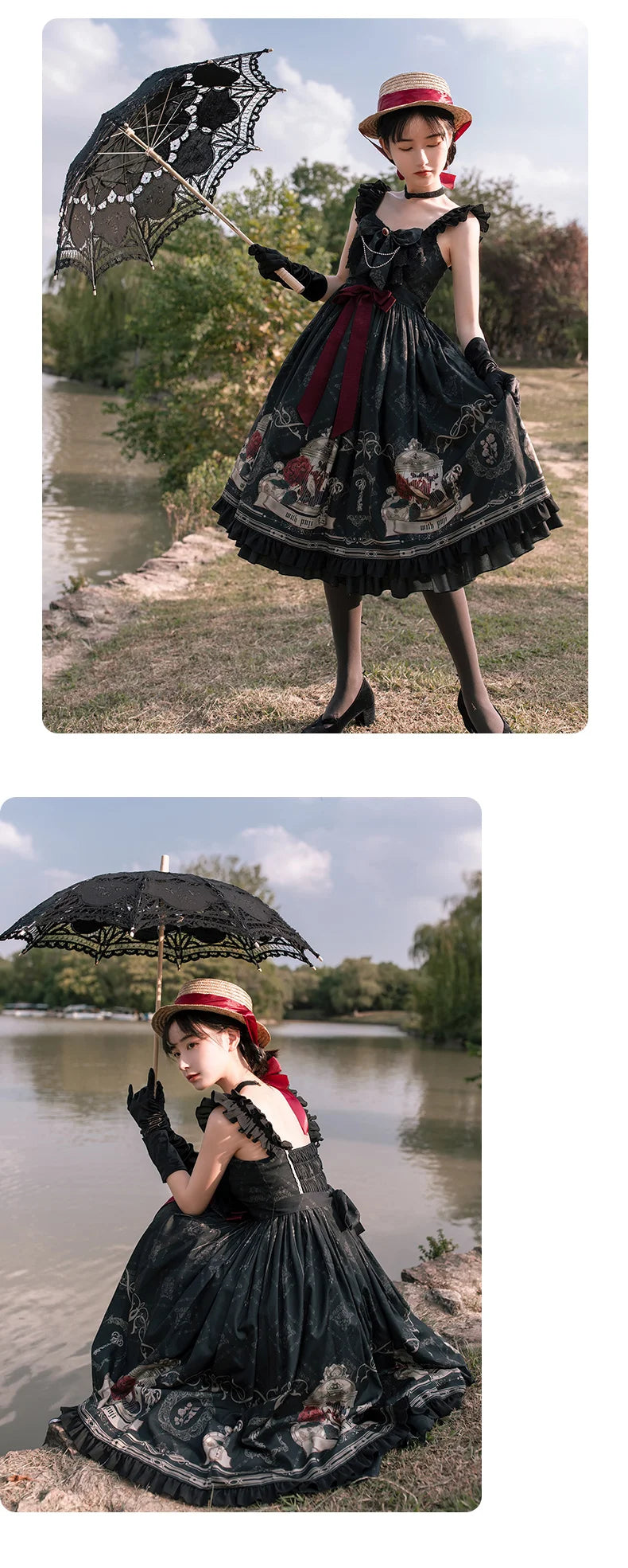 Vintage Lolita Jk Dress Women Black Gothic Bow Ruffles Party Camis Dress Japanese Kawaii Vacation Victorian Sleeveless Vestidos SS69