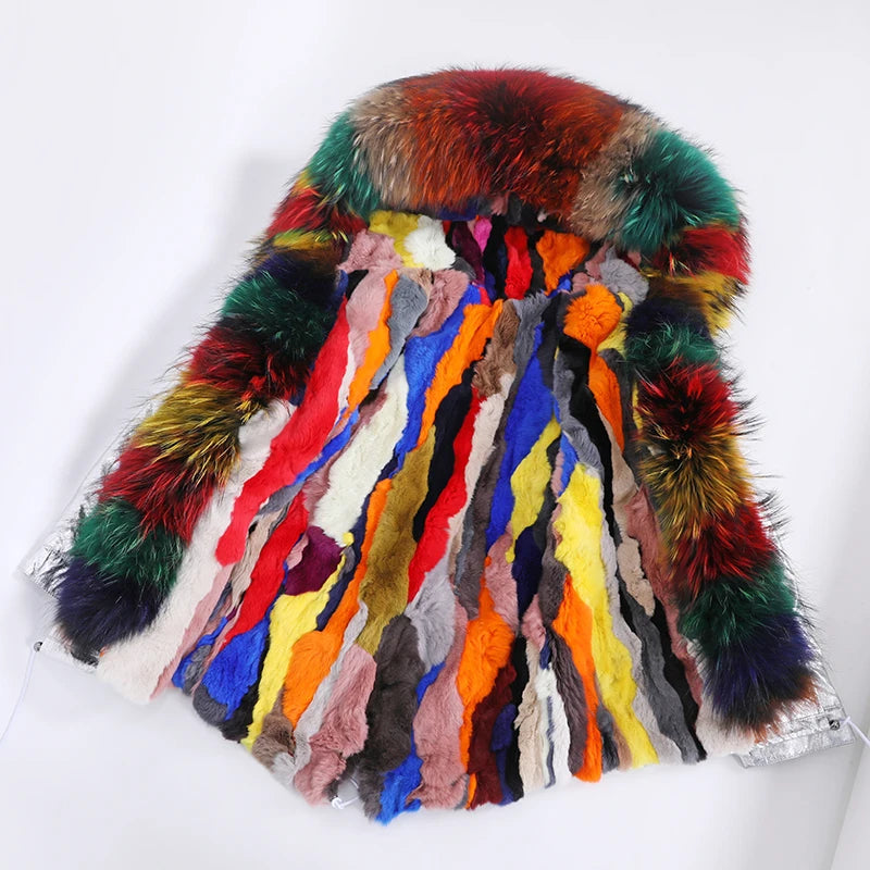 Maomaokong Winter Women Parka Cotton Jacket Real Fur Coat Natural Fox Fur Hooded Rabbit Fur Liner Thick Warm Outerwear Female