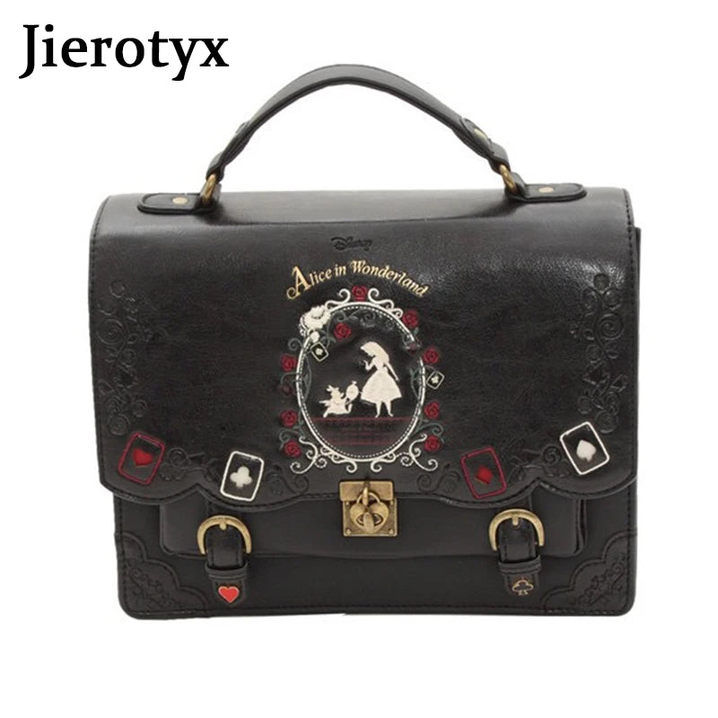 JIEROTYX Women Backpack Girl Alice Bag In Wonderland School Backpack Bag Women Handbags Bag Black Gothic Punk Style Hot Sale
