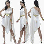 Women's white asymmetrical Greek Goddess Athena costume with gold belt, headgear, and neckband.