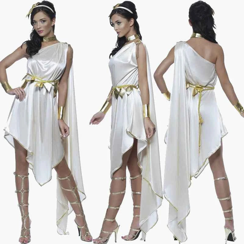 Women's white asymmetrical Greek Goddess Athena costume with gold belt, headgear, and neckband.
