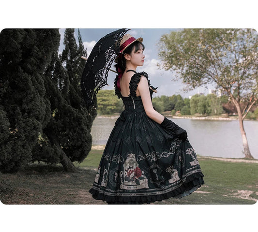Vintage Lolita Jk Dress Women Black Gothic Bow Ruffles Party Camis Dress Japanese Kawaii Vacation Victorian Sleeveless Vestidos SS69