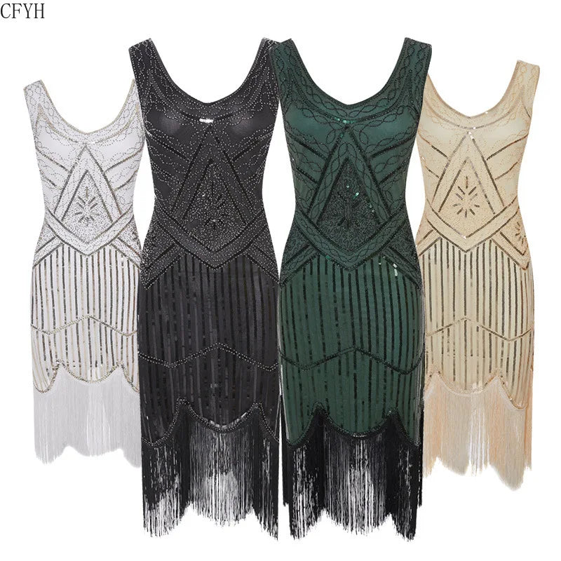Plus Size XS-4XL Women's 1920s Vintage Sequin Full Fringed Deco Inspired Flapper Dress Roaring 20s Great Gatsby Dress Vestidos SS69