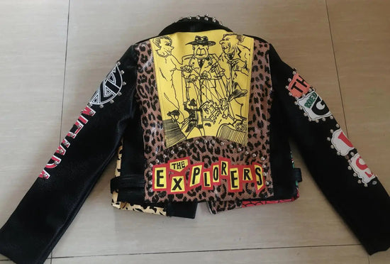 Autumn spring Locomotive graffiti cartoon pu Leather Jacket female Punk Style was thin Motorcyle Jackets Coat with belt F1962 SS69