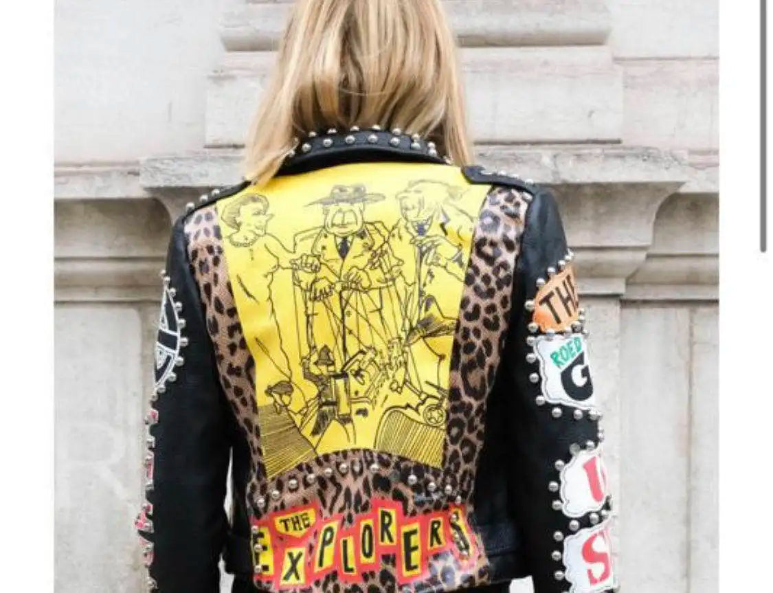 Autumn spring Locomotive graffiti cartoon pu Leather Jacket female Punk Style was thin Motorcyle Jackets Coat with belt F1962 SS69