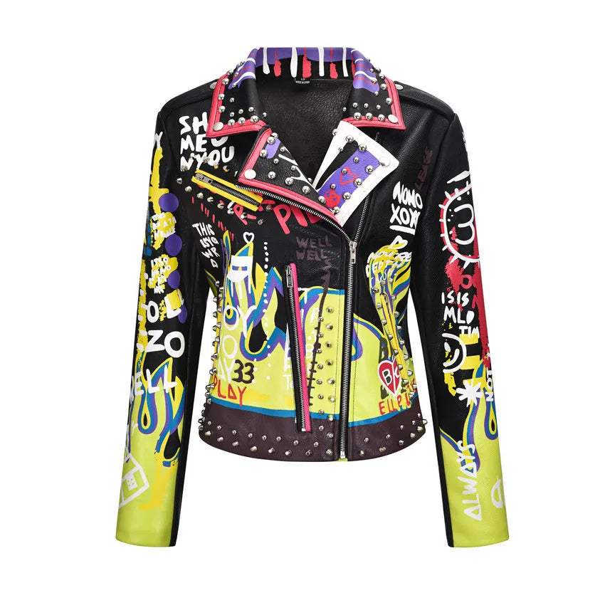 4XL fashion graffiti beading Women pu Leather Jacket Punk Style Motorcyle embrodiery leather Jackets Coats Streetwear F803 SS69