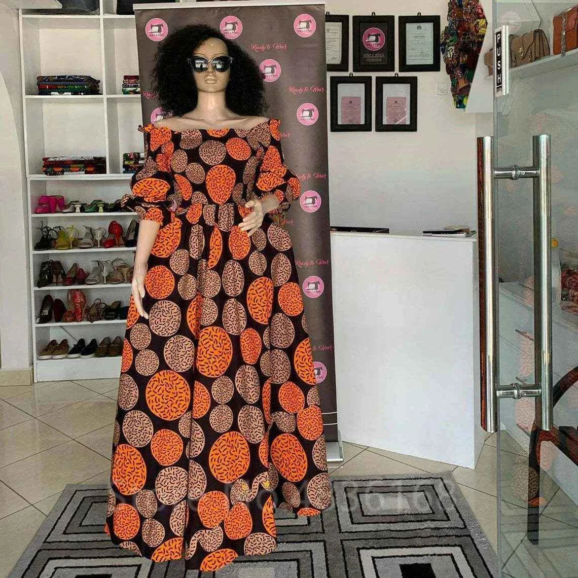 African National Print Party Dress Women Casual Sexy Slash-neck Lady Maxi Dress New Vintage Long-sleeved Loose Elegant Dresses