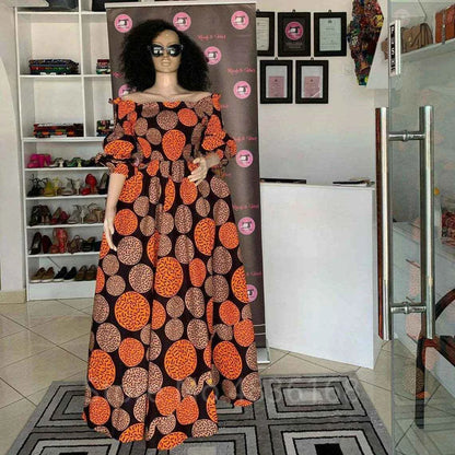 African National Print Party Dress Women Casual Sexy Slash-neck Lady Maxi Dress New Vintage Long-sleeved Loose Elegant Dresses