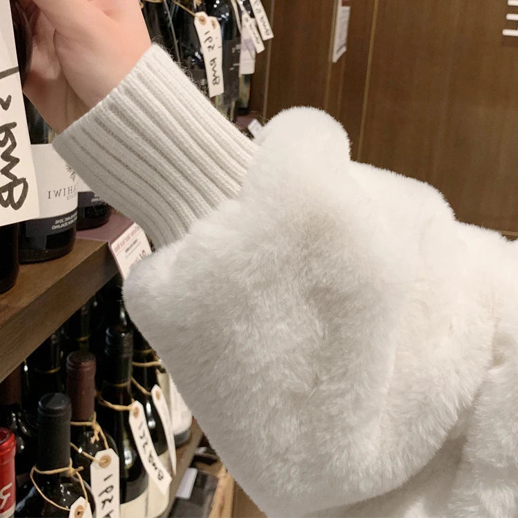 Nerazzurri Winter White Oversized Faux Fur Jacket Women with Hood Raglan Sleeve Zipper Korean Fashion Clothing for Womens 2021