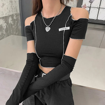Patchwork Black T-shirts Gothic One Shoulder Sleeve Y2k Crop Tops Ruffles Hem Hip Hop Techwear Women Tees SS69