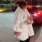 Nerazzurri Winter White Oversized Faux Fur Jacket Women with Hood Raglan Sleeve Zipper Korean Fashion Clothing for Womens 2021