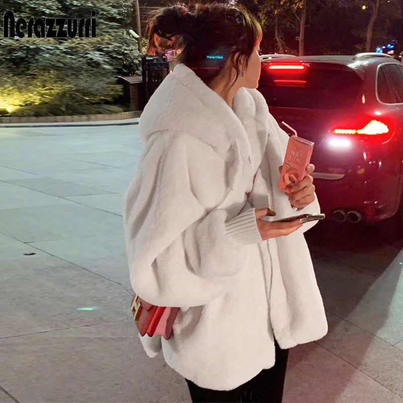 Nerazzurri Winter White Oversized Faux Fur Jacket Women with Hood Raglan Sleeve Zipper Korean Fashion Clothing for Womens 2021