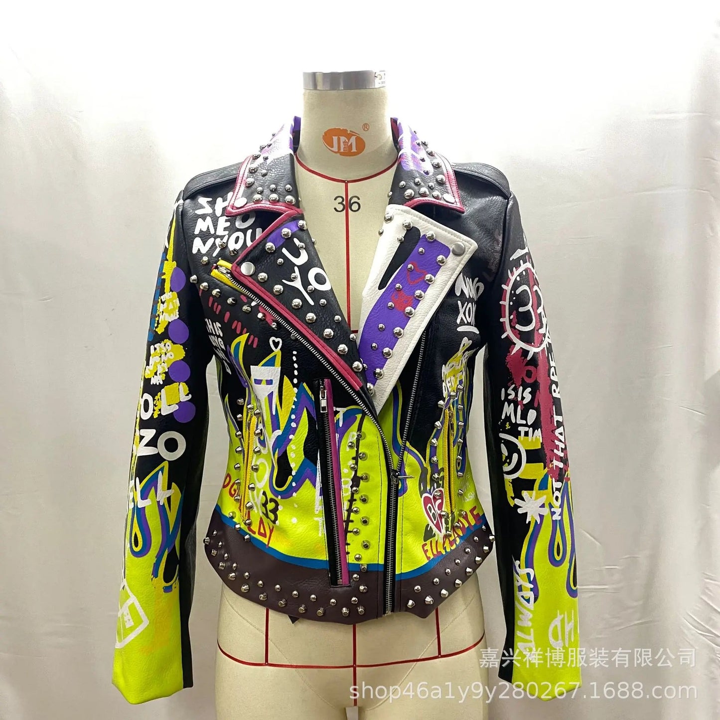 4XL fashion graffiti beading Women pu Leather Jacket Punk Style Motorcyle embrodiery leather Jackets Coats Streetwear F803 SS69
