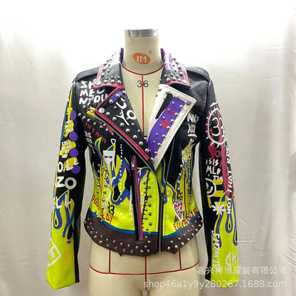 4XL fashion graffiti beading Women pu Leather Jacket Punk Style Motorcyle embrodiery leather Jackets Coats Streetwear F803 SS69