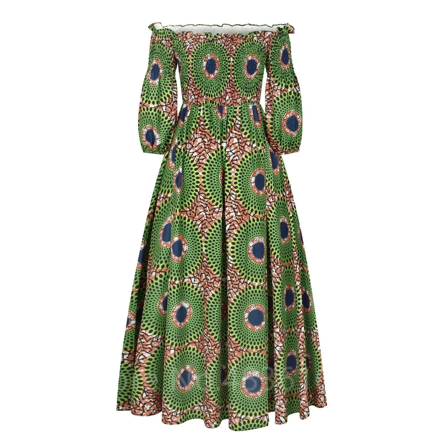 African National Print Party Dress Women Casual Sexy Slash-neck Lady Maxi Dress New Vintage Long-sleeved Loose Elegant Dresses