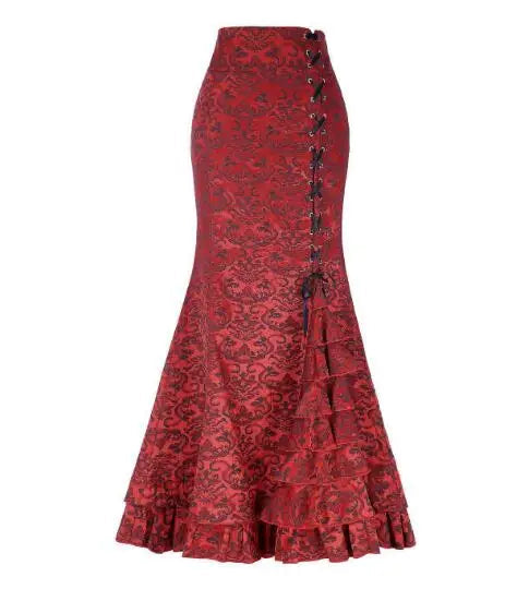 1pcs/lot Women Skirt vintage  Style Retro Mermaid Skirt Vintage Long Ruffle Slim Fishtail Skirt lace-up long print skirt SS69