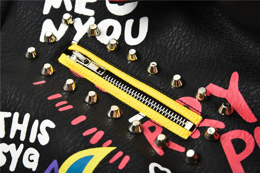 4XL fashion graffiti beading Women pu Leather Jacket Punk Style Motorcyle embrodiery leather Jackets Coats Streetwear F803 SS69