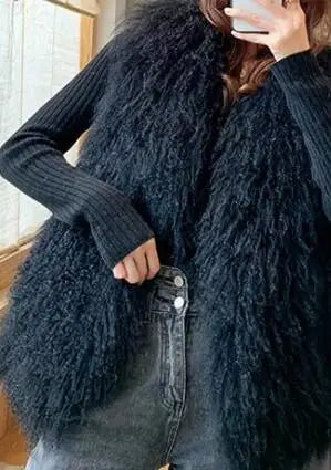 New Real Sheep Fur Vest 100% Natural Mongolia Fur Gilet Pure Long Fur Genuine Fur Oversize Vest ksr801