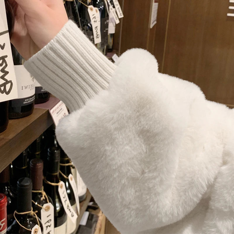 Nerazzurri Winter White Oversized Faux Fur Jacket Women with Hood Raglan Sleeve Zipper Korean Fashion Clothing for Womens 2021