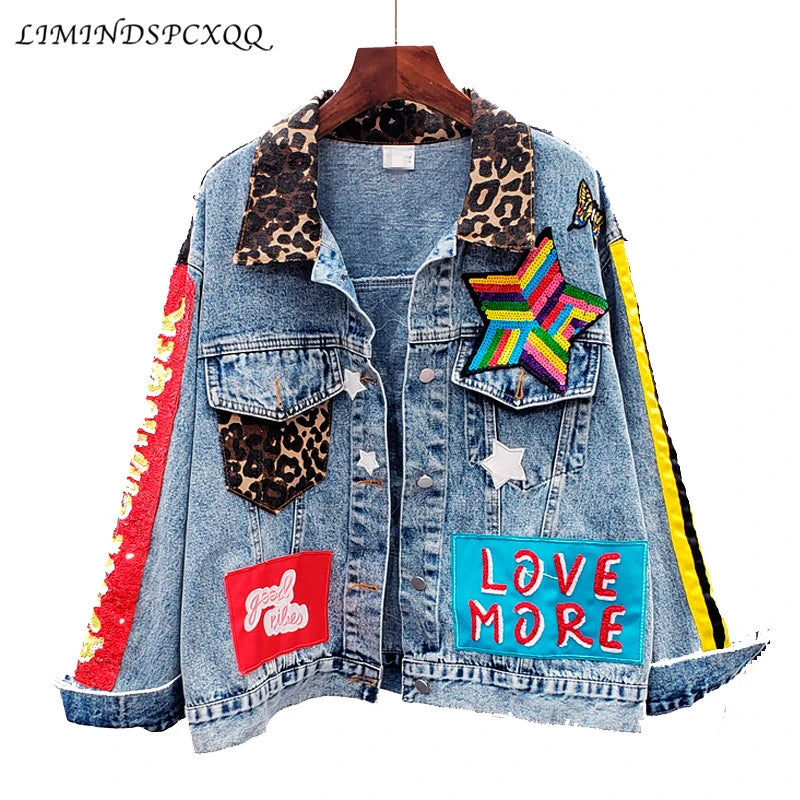 Sequins Loose Denim Jacket Girls Students High Street Party Jeans Coats Women 2023 New Female Nightclub Outwear Chaqueta Mujer SS69 48.69 Blue / M