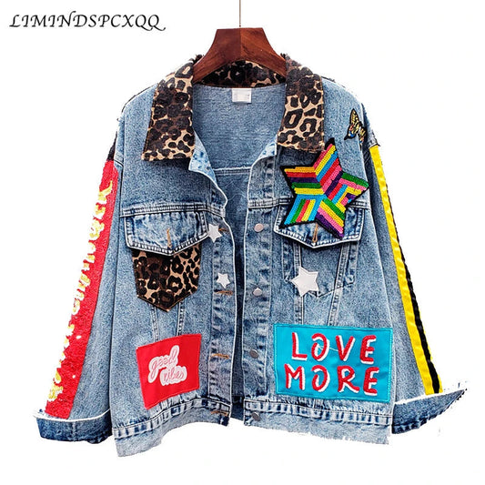 Sequins Loose Denim Jacket Girls Students High Street Party Jeans Coats Women 2023 New Female Nightclub Outwear Chaqueta Mujer SS69 48.69 Blue / M