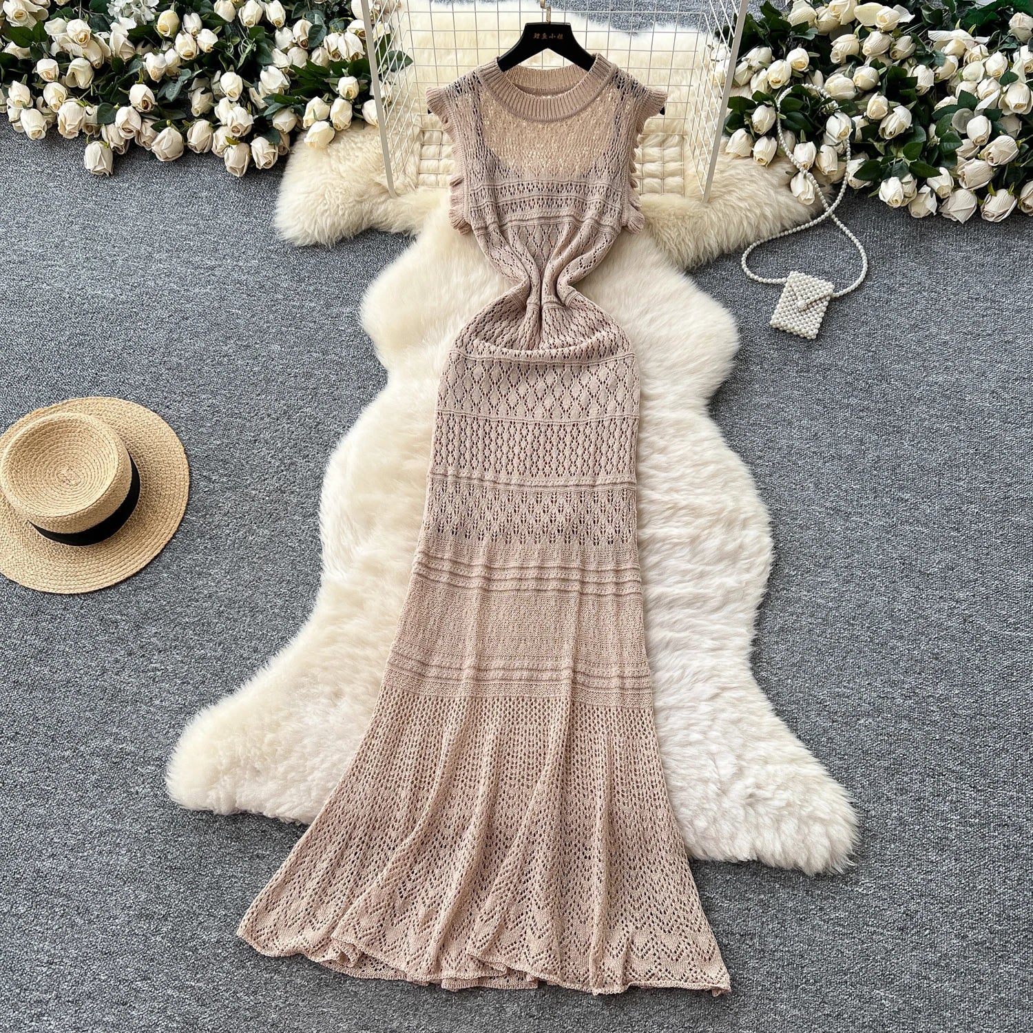 Summer Korean Tunic Knit Midi Dress For Women Empire Contrast Color Hollow Out Lace Dress SS69