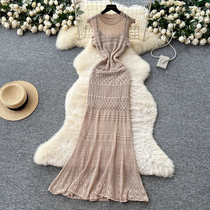 Summer Korean Tunic Knit Midi Dress For Women Empire Contrast Color Hollow Out Lace Dress SS69